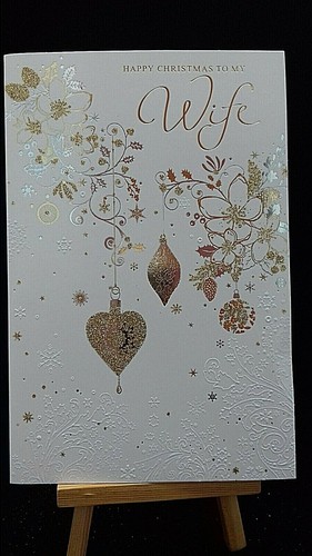 Wife Christmas card, gold baubles and flowers, foiled, embossed, verse, 9" x 6"