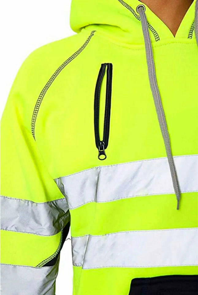 Hi Viz Vis High Visibility Jacket Hoodie Work 3 Zip Hooded SweatShirt Fleece Top - Image 3 of 4