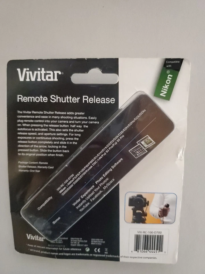 Vivitar Wired Remote Shutter Release For Nikon D300/D700 Camera VIV-RC-100-D700  - Image 2 of 3