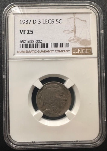 1937-D 3-Legged Buffalo Nickel NGC Very Fine 25, Key Date, Problem Free Coin