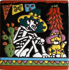 6x6 bajo el nopal. Esqueleto de azulejo de arcilla Día de los Muertos Día de los Muertos