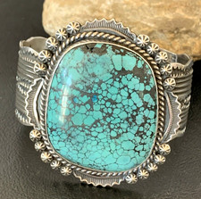 Mens Blue Spiderweb Turquoise Navajo Sterling Silver Cuff Bracelet 1631