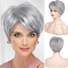 Short Grey Wigs with Bangs Silver Grey Layered Wigs for White Women