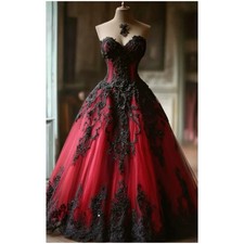 Black Red Gothic Wedding Dress Lace Appliques A-Line Tulle Vintage Bridal Gown