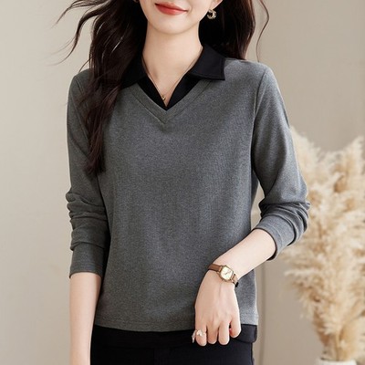 Lapel Double Neckline, Long-sleeved Bottoming Shirt, Women' 2025 Contrasting Top