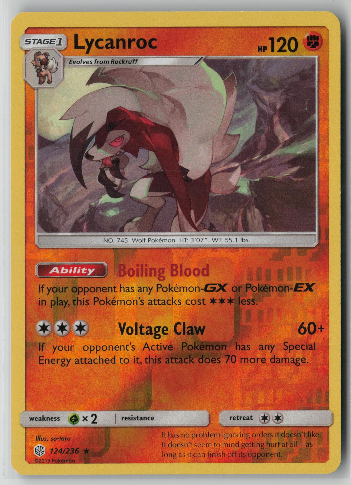 Lycanroc 124/236 Pokemon TCG Cosmic Eclipse Reverse Holo Card (Near Mint) NM 1