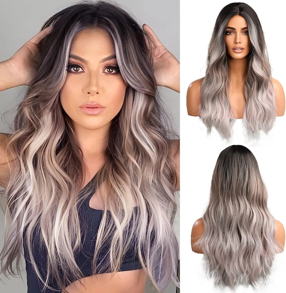 Perruque Femme Ondulée Longue Ombré Noir Gris - Thermorésistant - 22 pouces 7743 - Photo 1/4