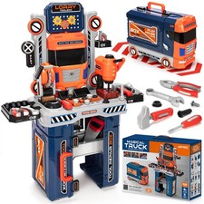 Kids Tool Bench with Electric Drill and Power Miter Saw, Construction Workben...