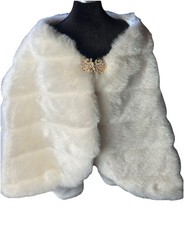 Women's Bridal Holiday Faux Fur Shawl Wrap Fur Stole Cape Fur White Broach Clip