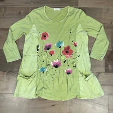 Jess & Jane Women’s Size L Tunic Top Green Flowers With Pockets Made In USA 