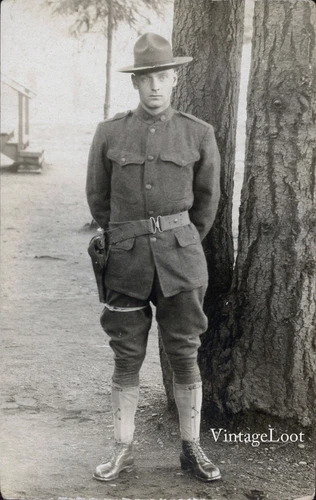 WWI RPPC Photo Postcard - Doughboy Soldier in Uniform with Gun on hip in Holster