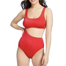 NWT Kona Sol Red Textured Ribbed Side Cut Out One Piece Swimsuit Size XL