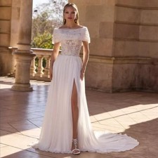 Lace Wedding Dresses Beach Detachable Collar Side Split Backless Bride Gowns