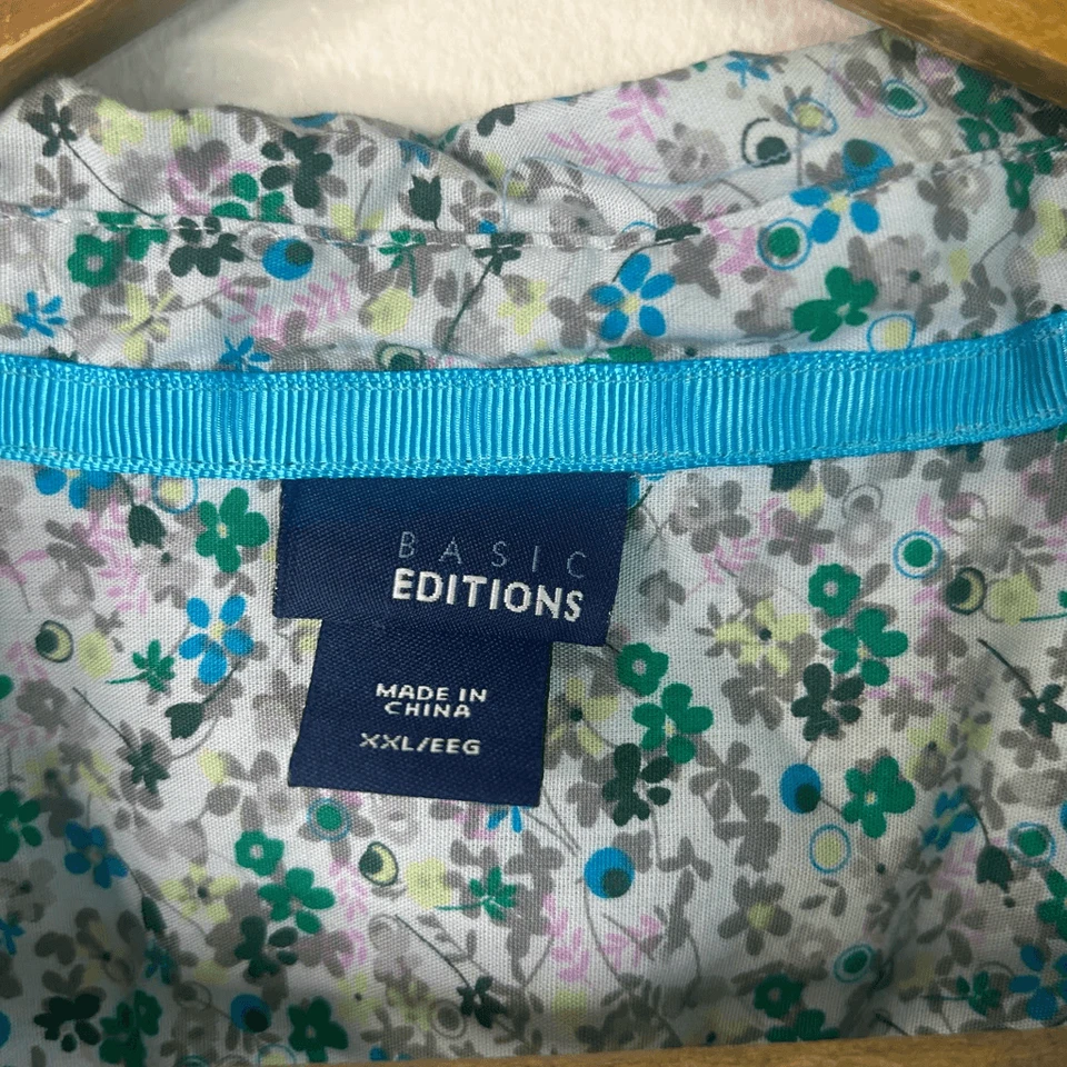 Basic Editions XXL Blue Green Floral Button-Up Shirt Women’s Short Sleeve Cotton - Image 4 of 4