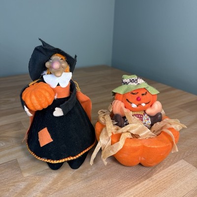 VTG Felt Foam Halloween Witch Pumpkin Scarecrow Figures Taiwan Flocked -SET OF 2