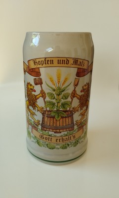 Traditioneller Bierkrug 1 Liter  ''Hopfen und Malz, Gott erhalt's''  W. Germany