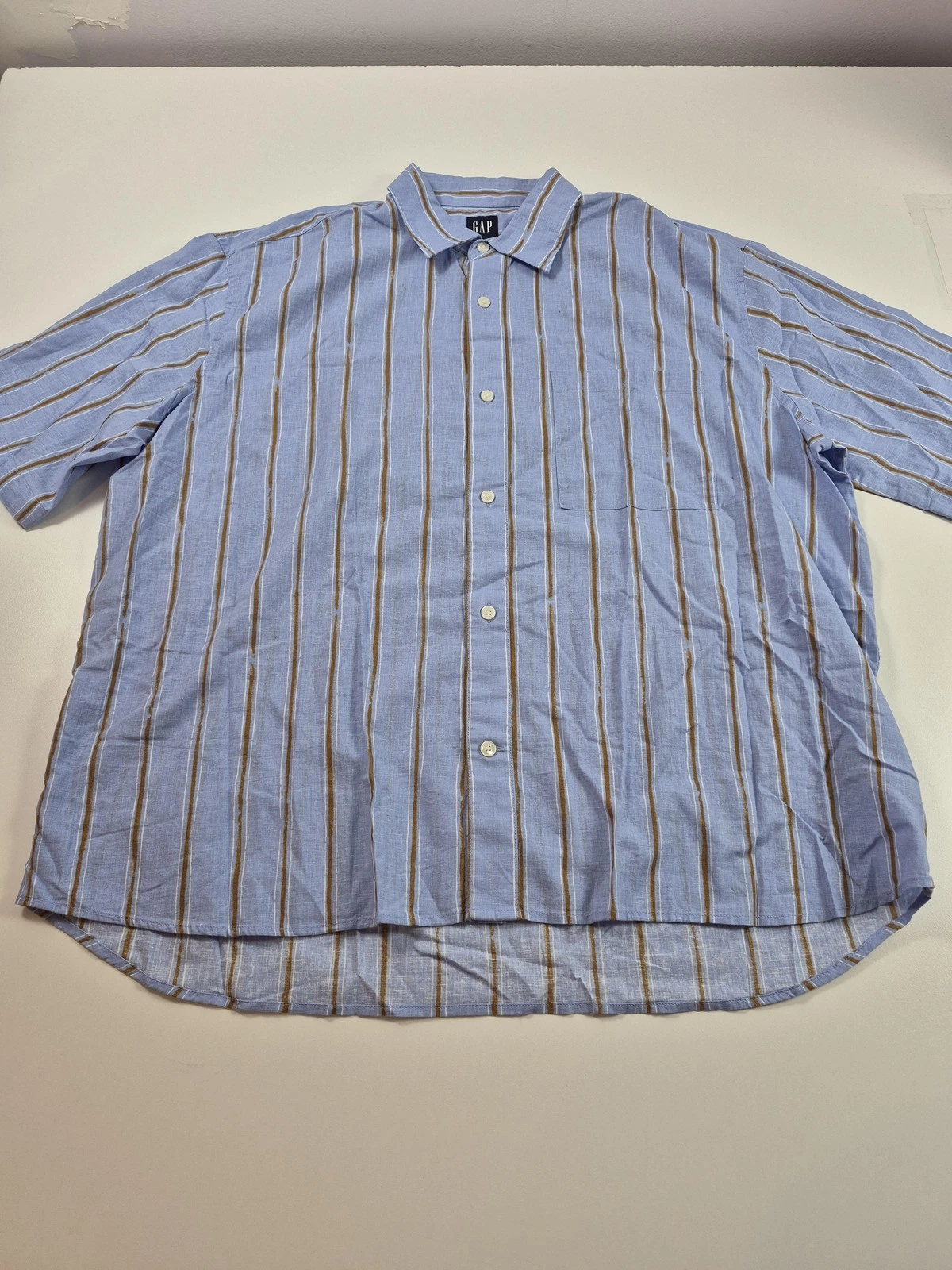 Gap Shirt Mens XL Blue Summer Stripe Linen Short Sleeve Button Front Casual