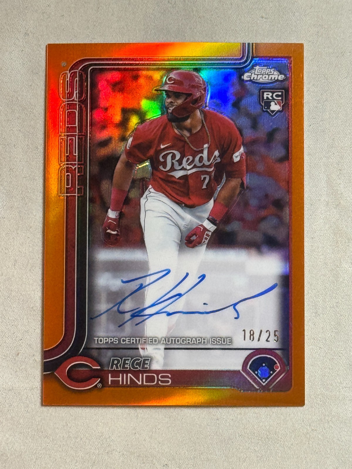 2025 Topps Chrome Orange Refractor Rece Hinds Rookie Auto RC /25 #RA-RH Reds