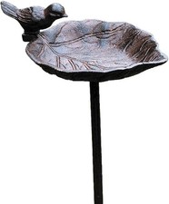 Image of Cast Iron Leaf Bird Bath with Bird – Garden Stake Feeder Outdoor Ornament