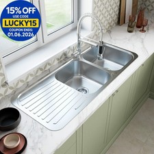 Stainless Steel Double Bowl Kitchen Sink Left Hand Modern Drainer Basket Wastes