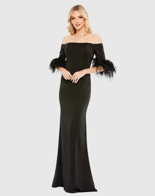 MAC DUGGAL 10 Column Gown Black 3/4 Feather Off The Shoulder Sleeves 11441 NWT