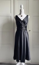 Monsoon Fit & Flare Dress Womens 12 Black Satin Silk Pleated Surplice Neck