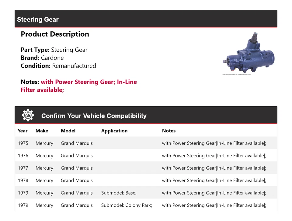 Para 1975-1979 Mercury Grand Marquis engranaje de dirección Cardone 1976 1977 1978 Foto 2 de 4