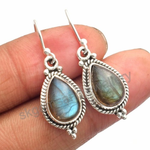Natural Labradorite 925 Sterling Silver Handmade Gemstone Dangel/Drop Earrings - Picture 7 of 7