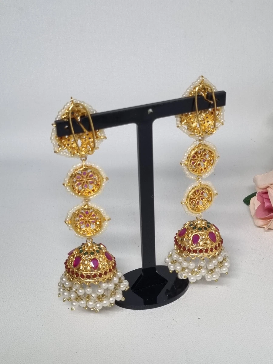 Indian Pakistani Gold long jaroa Jhumka Earrings With red Stones and pearl