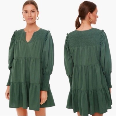 Pomander Place Ceci Smocked Long Sleeve Green Tiered Cotton Mini Dress Size  S | eBay