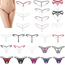 Womens Low Rise Crotchless Briefs G-String Thong Underwear with Massage Pearl