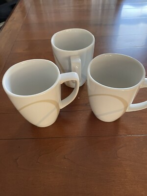CORELLE 12 OZ PORCELAIN MUGS White with Simple  Beige And Blue Lines