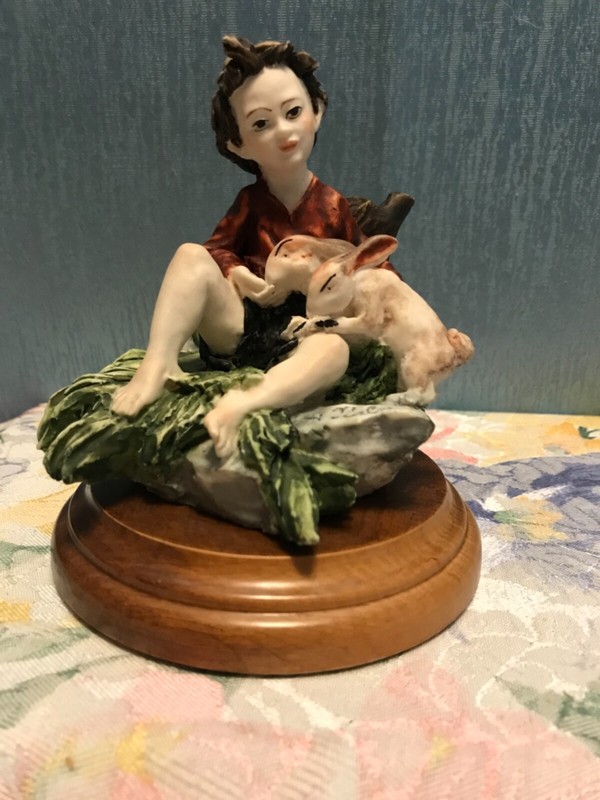 Vtg DEAR Sculpture Artistiche Italy Auro Belcari Hand Painted Boy & RabbIts RARE