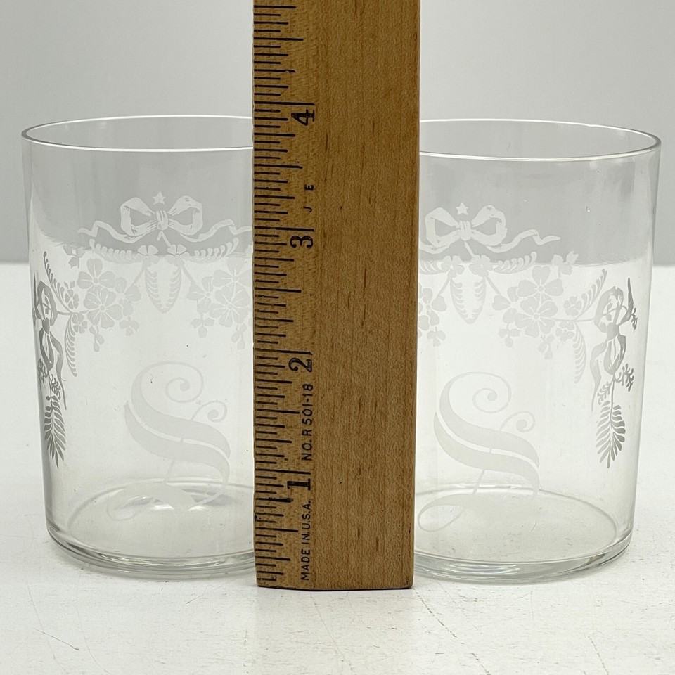 Set of 2 Vintage Victorian Glass Crystal Tumbler Floral Acid Etched