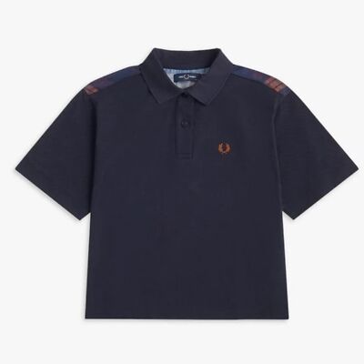 Fred Perry Navy Blue Orange Plaid Tartan Panel Polo Shirt US 6 UK