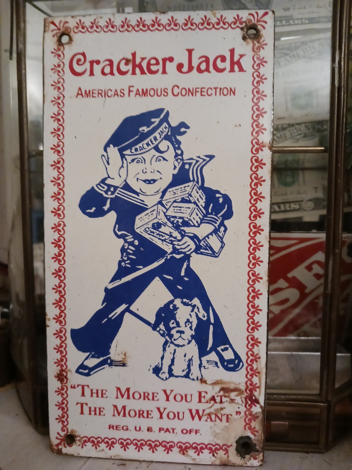 VINTAGE CRACKER JACK PORCELAIN SIGN GAS STATION MOTOR OIL GARAGE
