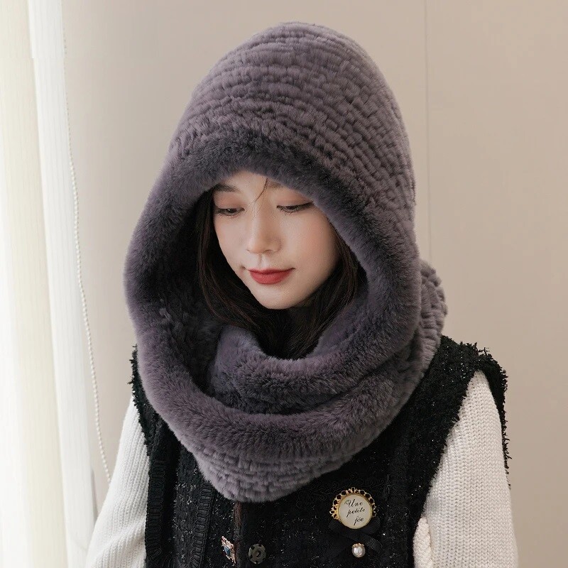 Fur Hat Winter Hooded Scarf New Women Real Knitted Fur Hat Hooded