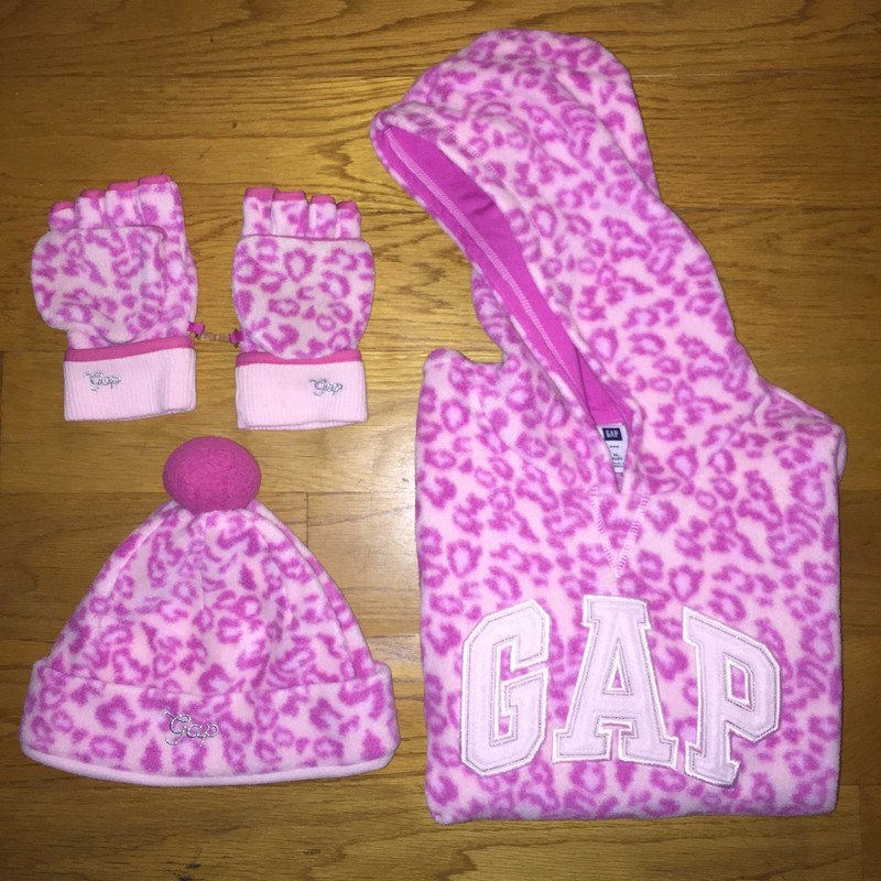 GAP Fleece Set Hoodie Mittens Hat Sweatshirt Pink Cheetah Winter GIRLS L XL 12 *