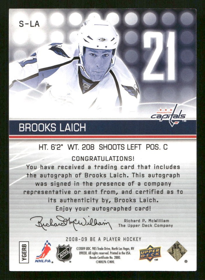 200809 Upper Deck Be a Player Brooks Laich Auto Signatures AU SLA