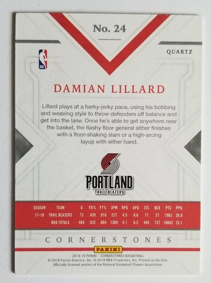 2018-19 Panini Cornerstones Damian Lillard Blue Crystal Quartz Parallel #30/49!! - Image 2 of 2