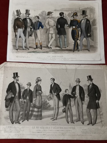 TWO ORIGINAL 19th Century FRENCH ANTIQUE PRINTS - MEN'S FASHION (Set B) - Foto 1 di 5