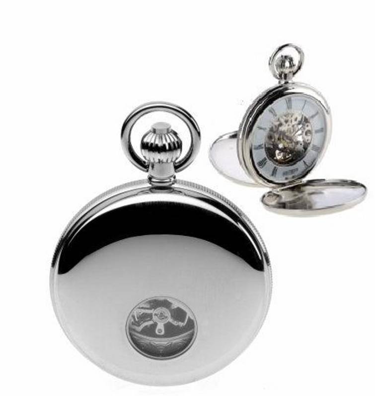 Jean Pierre Chrome Plated Double Hunter Skeleton Pocket Watch, ref
