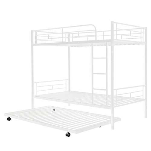 Twin-Over-Twin Metal Bunk Bed w/Trundle for Kids Teens Adult Bedroom-White - Picture 14 of 18