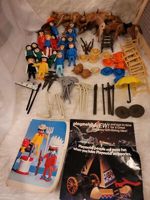 Vintage Large Lot Playmobile People Sheriff Indian Umbrella Girl Horses 1970s