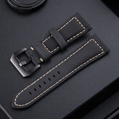 Watch Band Crazy Horse Cowhide Genuine Leather Wristwatch Strap Part Black 20-26