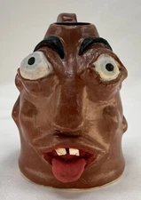 Vintage Face Head Jug Vase Handle Folk Pottery Devil Tongue Lips Teeth Eyes OOAK