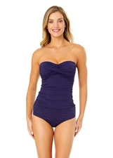 Anne Cole Womens Solid Twist Front Shirred Bandeau Tankini Top Navy Blue XL