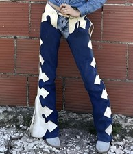 Vintage Western Fringe Leather Chaps Blue  Cream Cowboy Rodeo Suede Pants
