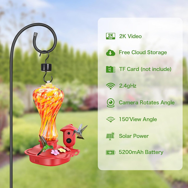 Alternate view of Smart Glass Hummingbird Feeder Camera, Solar Powered Hummingbird Feed