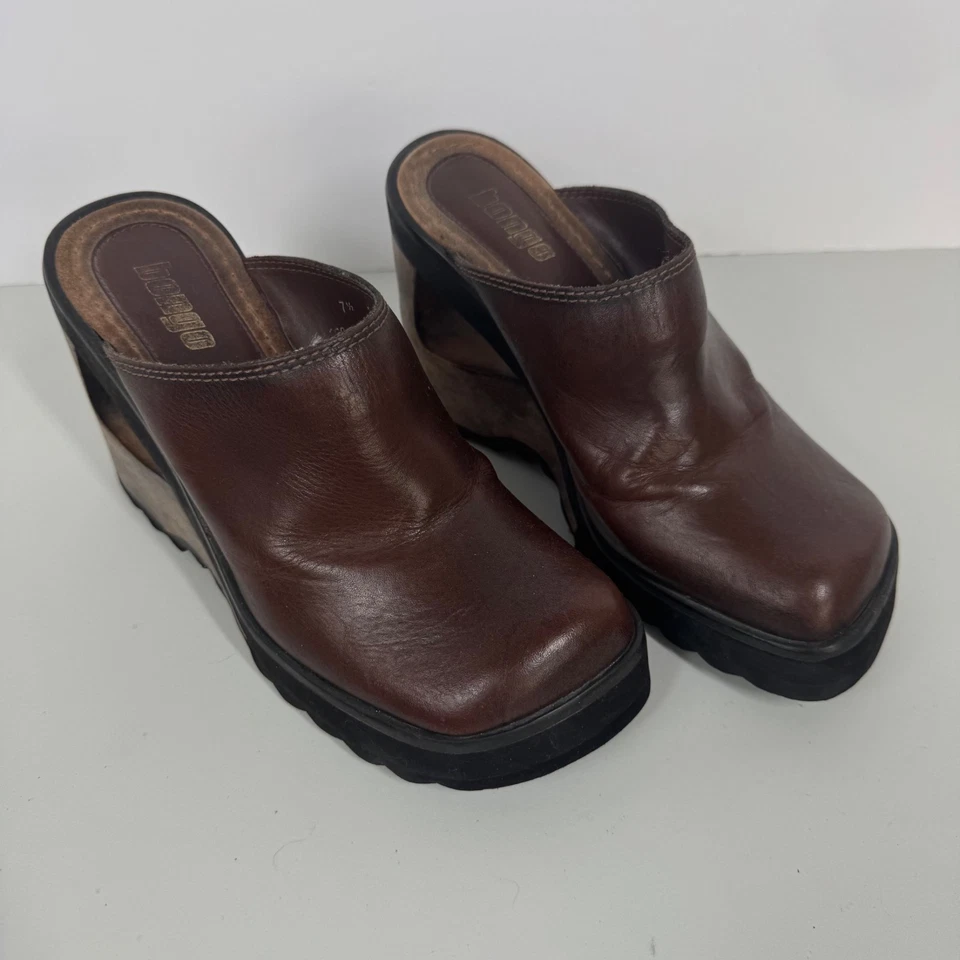 Bongo Vintage Platform Clogs Mules Y2K Brown Leather 7.5 Wood Cut Out Chunky - Image 2 of 4